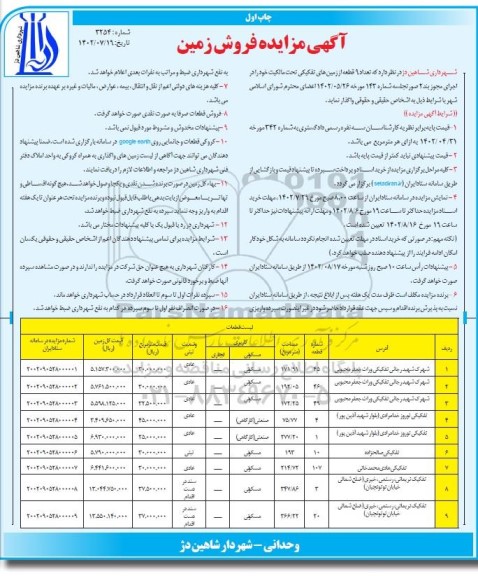مزایده فروش زمین با کاربری مسکونی ـ صنعتی (کارگاهی)
