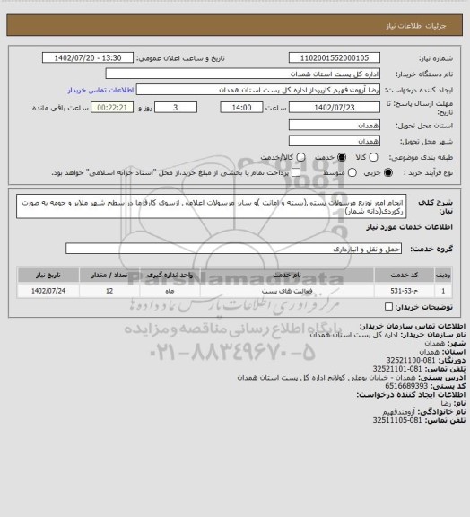 استعلام انجام امور توزیع مرسولات پستی(بسته و امانت )و سایر مرسولات اعلامی ازسوی کارفرما  در سطح شهر ملایر و حومه به صورت رکوردی(دانه شمار)