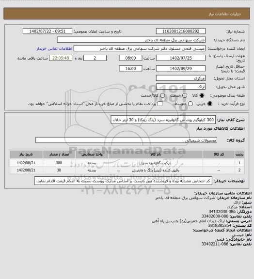 استعلام 300 کیلوگرم پوشش گالوانیزه سرد (رنگ زینکا) و 30 لیتر حلال