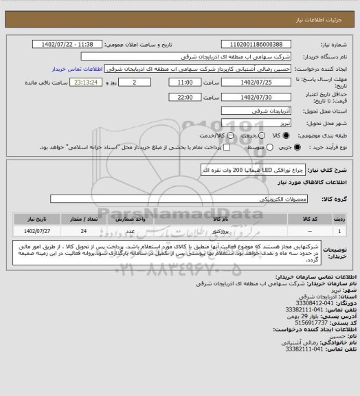 استعلام چراغ نورافکن LED هیمالیا 200 وات نقره ای