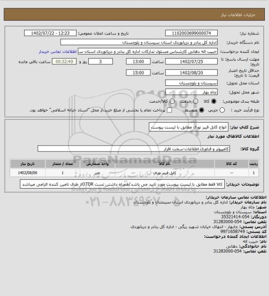 استعلام انواع کابل فیبر نوری مطابق با لیست پیوست