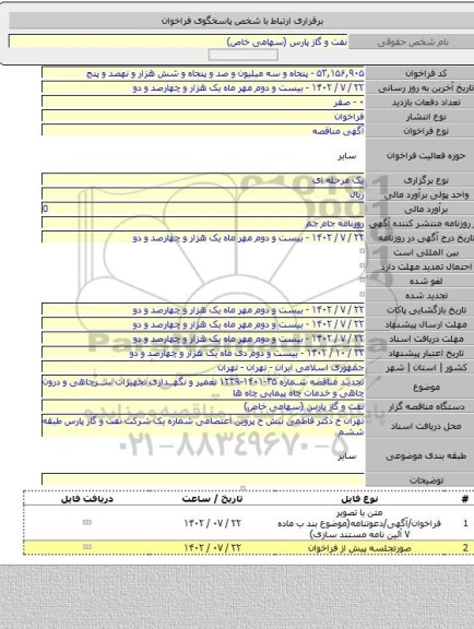 مناقصه, تجدید مناقصه شماره ۳۵-۱۴۰۱-۱۲۳۹ تعمیر و نگهداری تجهیزات سرچاهی و درون چاهی و خدمات چاه پیمایی چاه ها