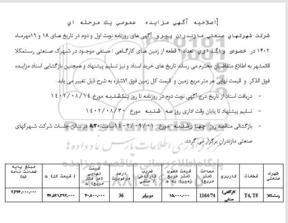 اصلاحیه مزایده واگذاری تعداد 2 قطعه از زمین های کارگاهی/ صنفی