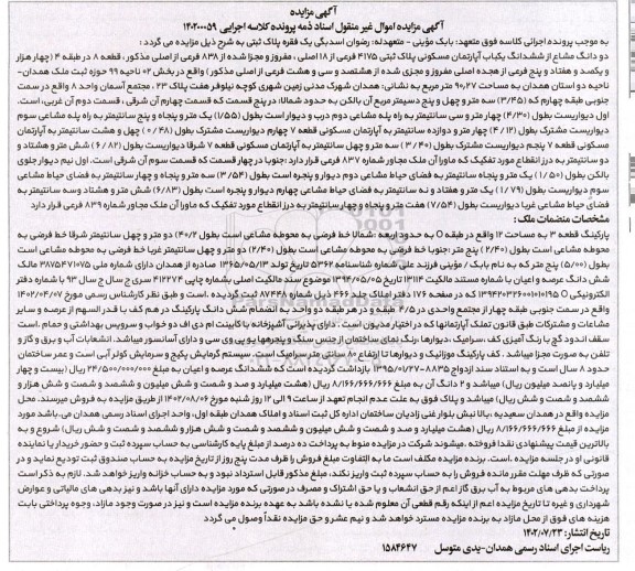 مزایده فروش دو دانگ مشاع از ششدانگ یک باب آپارتمان مسکونی پلاک ثبتی 4175 فرعی از 18 اصلی 