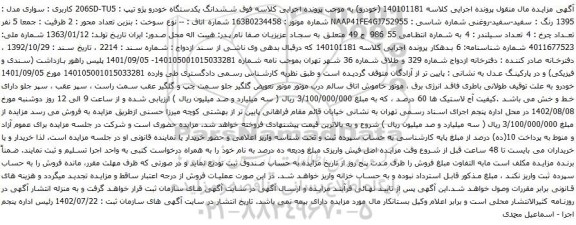 آگهی مزایده ششدانگ یکدستگاه خودرو پژو تیپ : 206SD-TU5