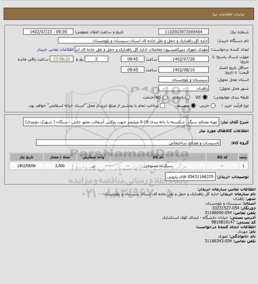 استعلام تهیه مصالح سنگی شکسته با دانه بندی 19-0 میلیمتر جهت روکش آسفالت محور خاش - سنگان ( شهرک دورودی)