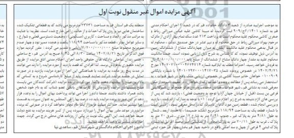 مزایده فروش مقدار چهاردانگ مشاع از ششدانگ زمین 