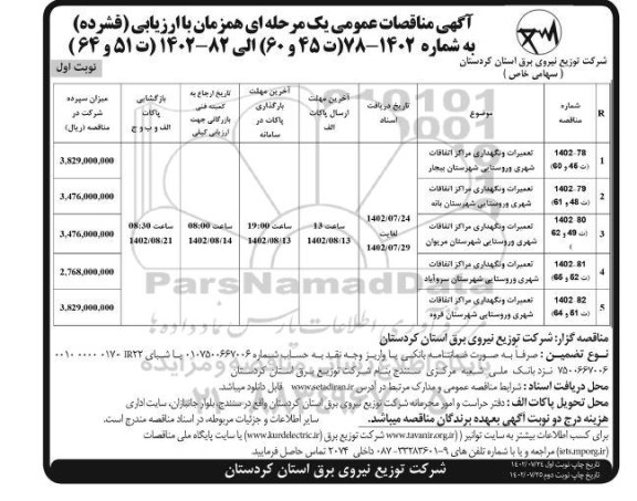 مناقصه تعمیرات و نگهداری مراکز اتفاقات شهری و روستایی...