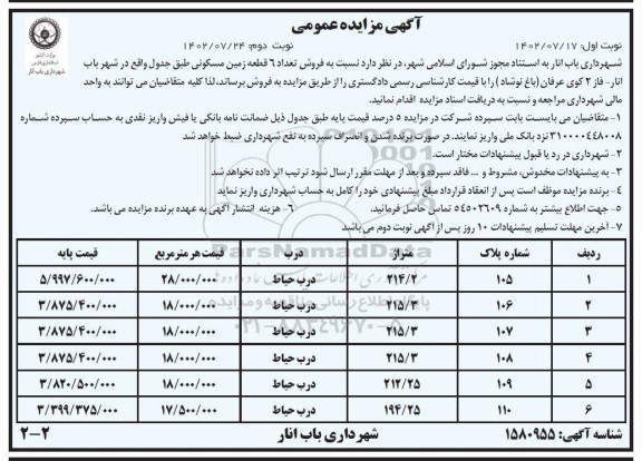 مزایده فروش تعداد 6 قطعه زمین مسکونی - نوبت دوم