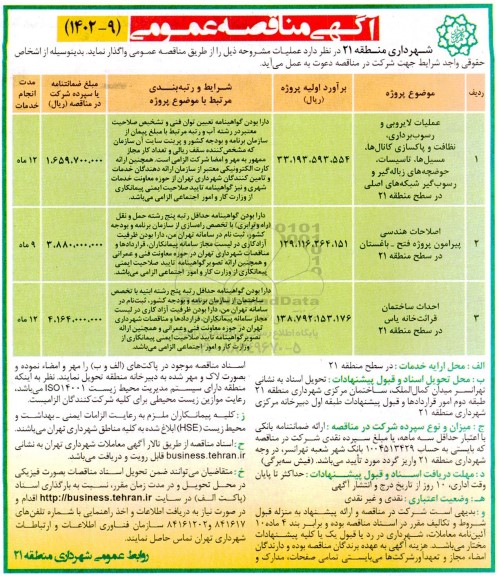مناقصه عملیات لایروبی و رسوب برداری، نظافت و پاکسازی کانال ها، مسیلها، تاسیسات، حوضچه های زباله گیر و ...