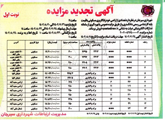 تجدید مزایده فروش تعدادی از اراضی با کاربری مسکونی 
