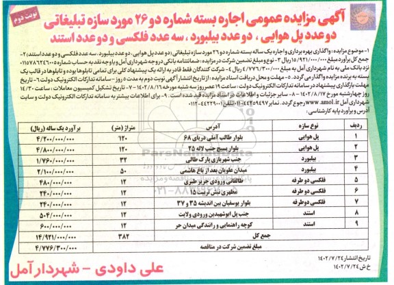 مزایده اجاره 26 مورد سازه تبلیغاتی .... - نوبت دوم