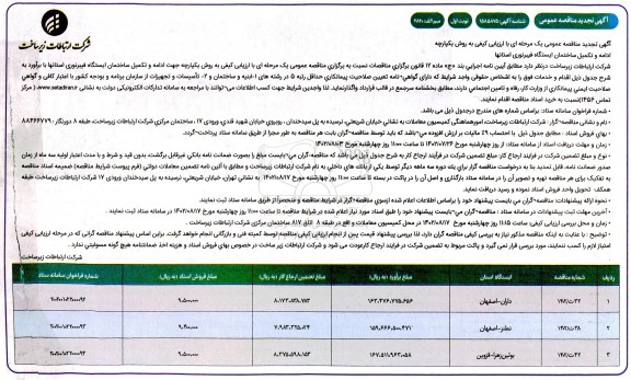 تجدید مناقصه ادامه و تکمیل ساختمان ایستگاه فیبر نوری