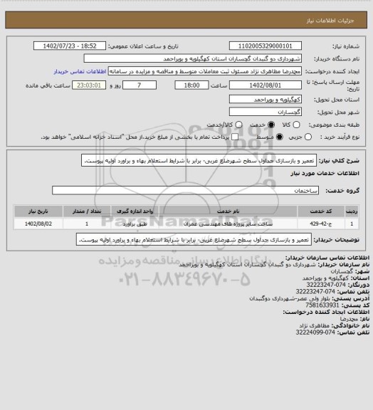 استعلام تعمیر و بازسازی جداول سطح شهرضلع غربی- برابر با شرایط استعلام بهاء و براورد اولیه پیوست.
