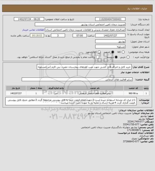 استعلام خرید کابل و اجرای کابل کشی جهت نصب کولرهای بیمارستان، سامانه تدارکات الکترونیکی دولت