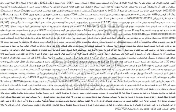آگهی مزایده چهاردانگ مشاع از ششدانگ پلاک 18 فرعی از 4899 اصلی بخش