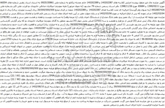 آگهی مزایده یک ممیز پنج دهم دانگ مشاع از ششدانگ اعیان یکباب (با عرصه وقف) به مساحت دویست و هفتاد و هشت ممیز سی و هشت