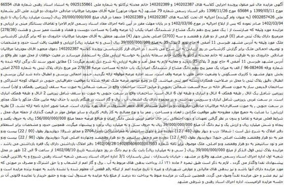 آگهی مزایده یک ممیز پنج دهم دانگ مشاع از ششدانگ اعیان یکباب (با عرصه وقف) به مساحت دویست و هفتاد و هشت ممیز سی و هشت