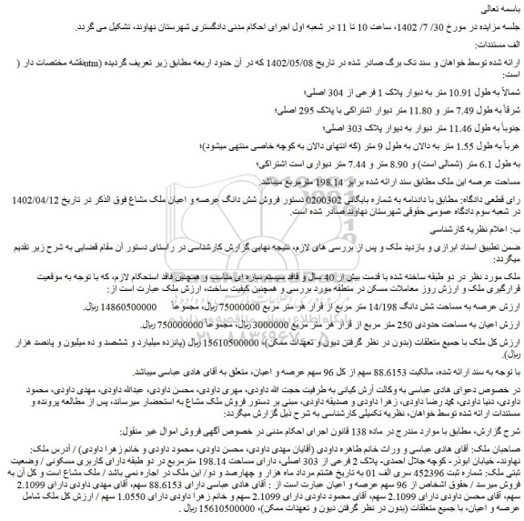 مزایده فروش شش دانگ عرصه و اعیان ملک مشاع