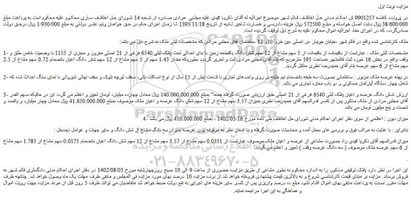 مزایده فروش باقیمانده از باقیمانده از 5 سهم مشاع از 12 سهم شش دانگ یکقطعه زمین با بنای احداثی تحت پلاک ثبتی 6540 فرعی از 21 اصلی مفروز و مجزی از 1155