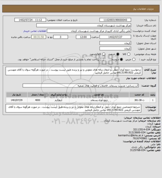استعلام درخواست جمع آوری ،حمل ،و انتقال زباله های عفونی و تیز و برنده طبق لیست پیوست . در صورت هرگونه سوال با آقای مهندس کریمی 09131991922 تماس حاصل فرمایید