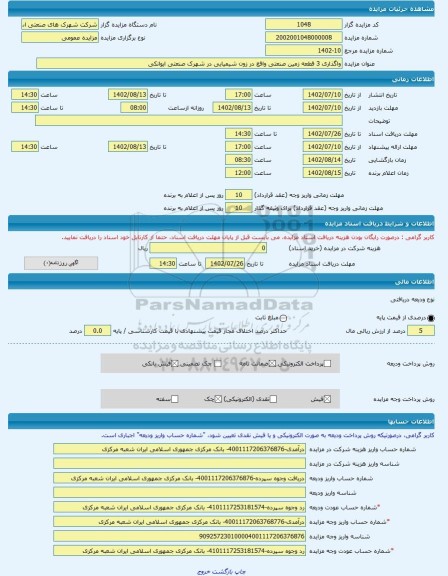 مزایده ، واگذاری 3 قطعه زمین صنعتی واقع در زون شیمیایی در شهرک صنعتی ایوانکی  -مزایده زمین  - استان سمنان