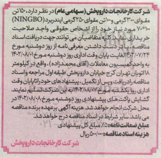 مناقصه  150 تن مقوای 300 گرمی و 100 تن مقوای 250 گرمی ایندربرد ningbo  70*100  