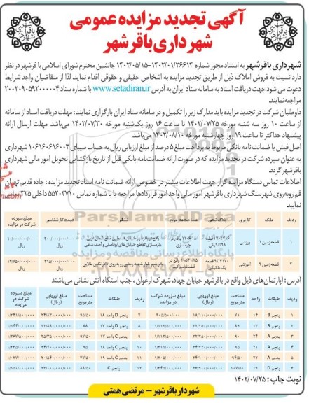 تجدید مزایده فروش املاک