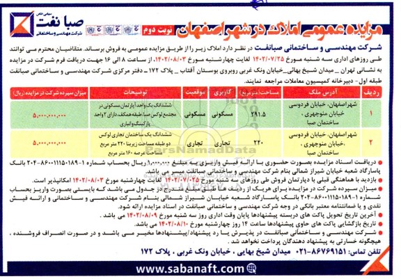مزایده فروش املاک با کاربری مسکونی ، تجاری - مسکونی - نوبت دوم