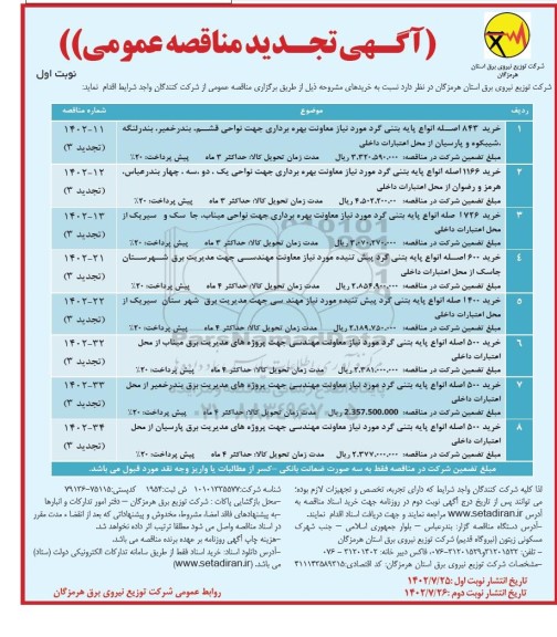 تجدید مناقصه عمومی خرید 843 اصله انواع پایه بتنی گرد... 