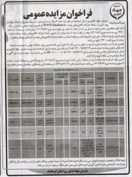 مزایده فروش تعداد 6 ملک با کاربری ساختمان اداری، مزروعی آبی نوبت دوم