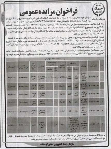 مزایده فروش تعداد 6 ملک با کاربری ساختمان اداری، مزروعی آبی نوبت دوم 