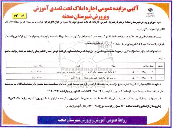مزایده اجاره املاک تحت تصدی -نوبت دوم