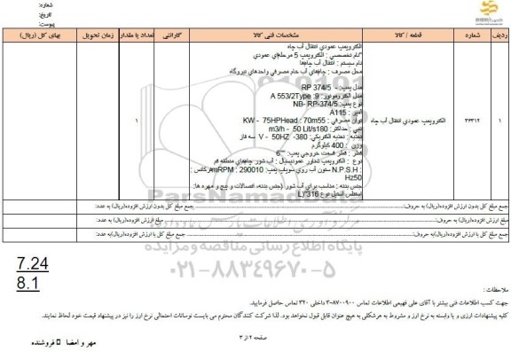 استعلام الکتروپمپ عمودی انتقال آب چاه 