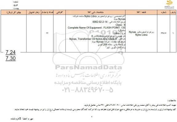 استعلام روغن ترانسفورماتور NYNAS NYTRO LIBRA