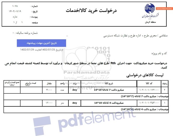 استعلام میکروداکت جهت اجرای ftth ...