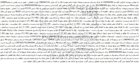 آگهی مزایده یک قطعه آپارتمان با کاربری مسکونی به پلاک ثبتی 27179 فرعی از 1 اصلی