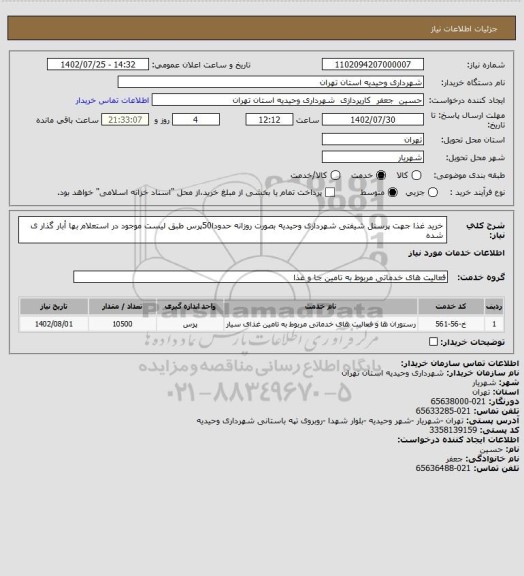 استعلام خرید غذا جهت پرسنل شیفتی شهرداری وحیدیه بصورت روزانه حدودا50پرس طبق لیست موجود در استعلام بها أبار گذار ی شده