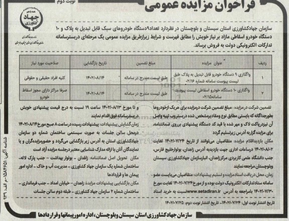 مزایده تعداد 9 دستگاه خودروهای سبک قابل تبدیل به پلاک و 10 دستگاه خودرو اسقاطی مازاد - نوبت دوم