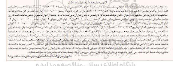 مزایده فروش وینچ جرثقیل سقفی برقی کابلی ، کولر گازی ، تلویزیون ال ای دی