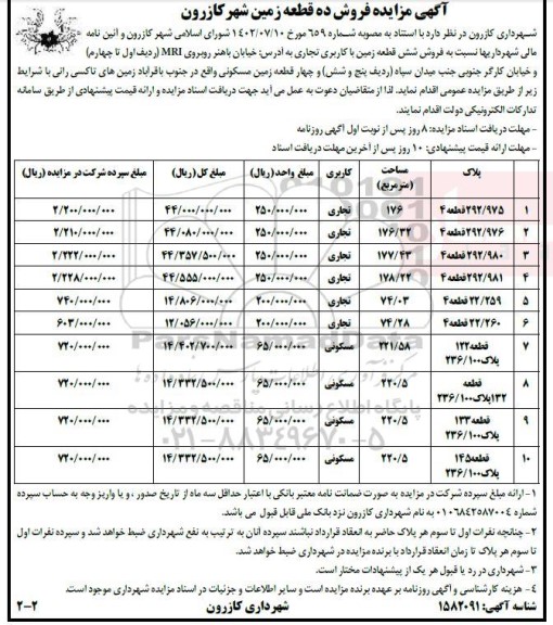 مزایده فروش ده قطعه زمین 