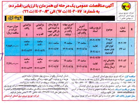 مناقصه خرید 11 کیلومتر انواع کابل فشار ضعیف آلومینیوم و پشتیبانی نرم افزار و پنل ارسال پیامک