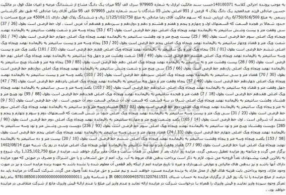 آگهی مزایده میزان یک دانگ مشاع از ششدانگ عرصه و اعیان ملک