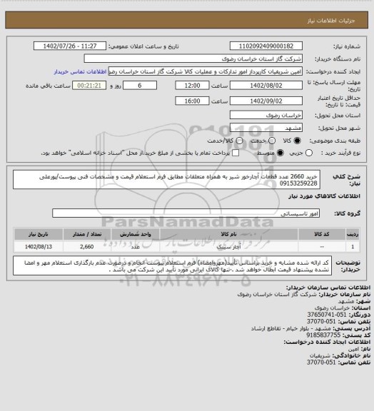 استعلام خرید  2660 عدد قطعات آچارخور شیر به همراه متعلقات مطابق فرم استعلام قیمت و مشخصات فنی پیوست/پورعلی 09153259228