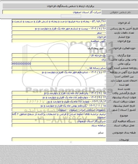 مناقصه, ترمیم ترانشه های خطوط اصلی و فرعی و انشعابات پراکنده در سطح مناطق ۶ گانه اصفهان