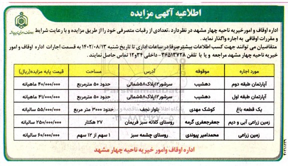 مزایده اجاره رقبات متصرفی