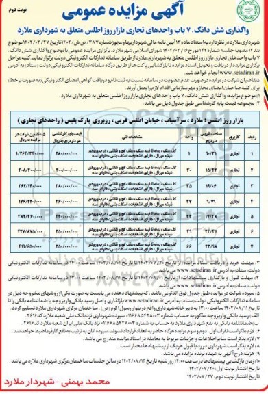 مزاییده واگذاری ششدانگ 7 باب واحدهای تجاری بازار روز اطلس ـ نوبت دوم