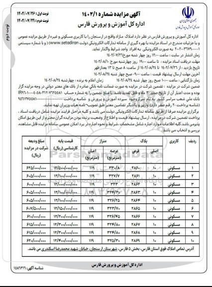 مزایده املاک مازاد واقع در ارسنجان با کاربری مسکونی- نوبت دوم