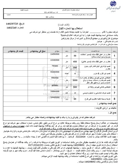 استعلام طرح فیبر نوری مجتمع گردشگری آشوراده