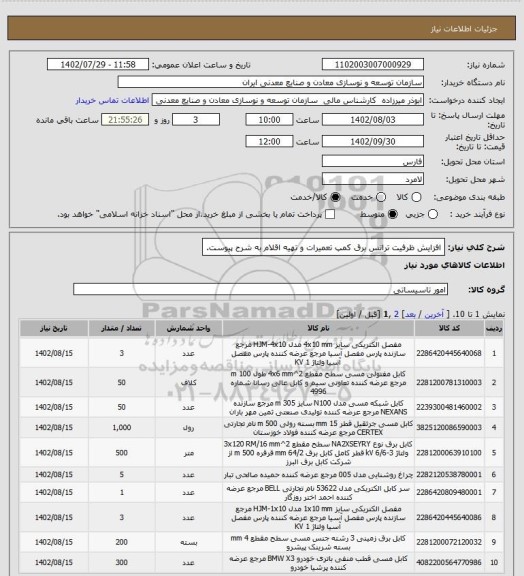 استعلام افزایش ظرفیت ترانس برق کمپ تعمیرات و تهیه اقلام به شرح پیوست.